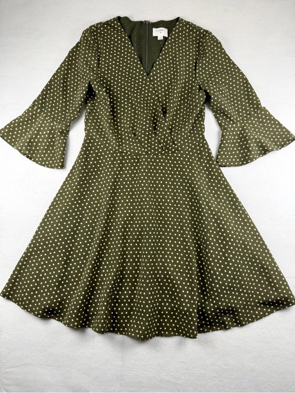 Everly Olive Polka Dot Fit Flare Dress‎ Bell Sleeve Size Small